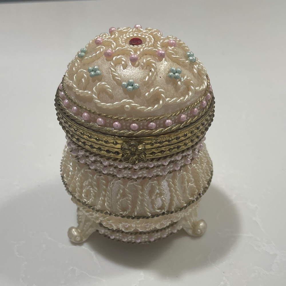 Ornate Pearl Trinket Box with Pink and Gold Accents